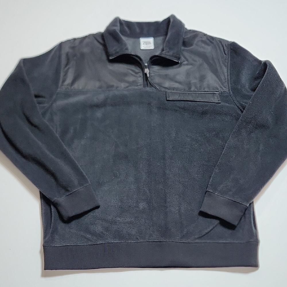 Zara Men’s Black Fleece Quarter Zip Pullover Sweatshirt Size M